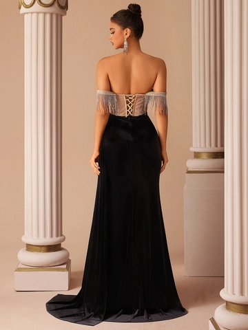 Lussuoso Abito da Sera Senza Spalline Con Strass Elegante Abito in Velluto Con Spacco Alto e Strascico Sexy Bodycon Banquet Party Donna