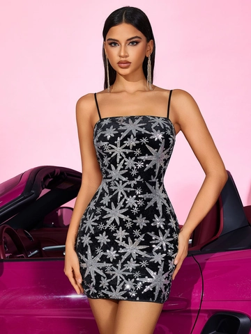 Robe Courte Sexy à Paillettes pour Femmes Jacquard Étoilé Moulante Club Fête Robe de Soirée Polyester Élasthanne Noir Argent