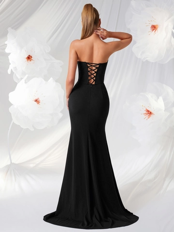 Elegantes Trägerloses Meerjungfrau Abendkleid Damen Sexy Hoher Schlitz Gerafftes Polyester Kleid Mit Strass-Besatz Party Ballkleid