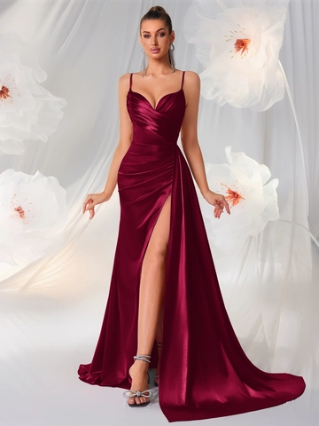 Robe de Soirée Sexy en Satin pour Femmes Bretelles Spaghetti Fente Haute Dos Nu Longueur au Sol Robe Maxi Moulante pour Mariage Fête Banquet