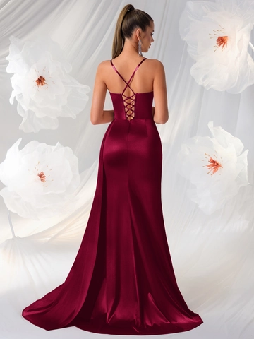Robe de Soirée Sexy en Satin pour Femmes Bretelles Spaghetti Fente Haute Dos Nu Longueur au Sol Robe Maxi Moulante pour Mariage Fête Banquet