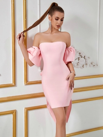 Damen Off Shoulder Puffärmel Körperbetontes Minikleid Große Rückenschleife Elegante Party Abendkleid Promi Sexy Kleid