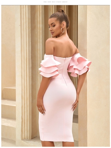 Women Sexy Off Shoulder Ruffle Sleeve Bodycon Bandage Midi Dress Elegant Pink Fuchsia Evening Party Banquet Solid Color Slim Fit Gown