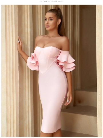 Women Sexy Off Shoulder Ruffle Sleeve Bodycon Bandage Midi Dress Elegant Pink Fuchsia Evening Party Banquet Solid Color Slim Fit Gown