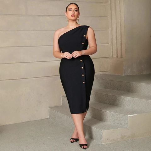Damen Plus Size Elegant One Shoulder Schwarz Bandage Midi Kleid Mit Metallknöpfen Schlitz Abend Party Bodycon Kleid