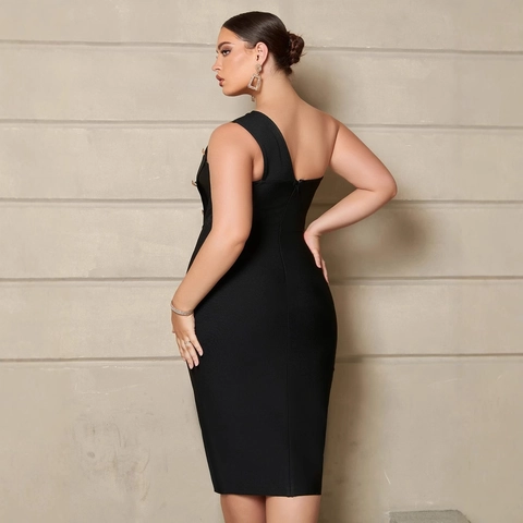 Damen Plus Size Elegant One Shoulder Schwarz Bandage Midi Kleid Mit Metallknöpfen Schlitz Abend Party Bodycon Kleid