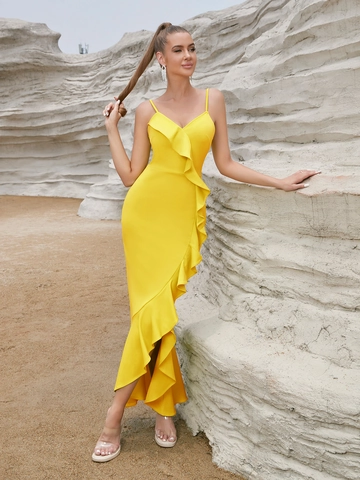 Vestido de Sirena Elegante con Volantes para Mujer Tirantes Spaghetti Cuello en V Sexy Bodycon Midi Vestido de Noche para Fiesta