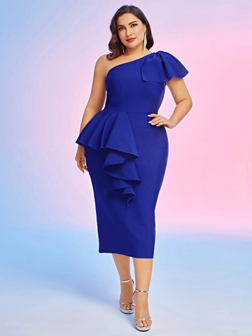 Plus Size Elegant One Shoulder Ruffle Trim Bodycon Evening Gown Royal Blue Sexy High Waist Midi Party Dress For Women