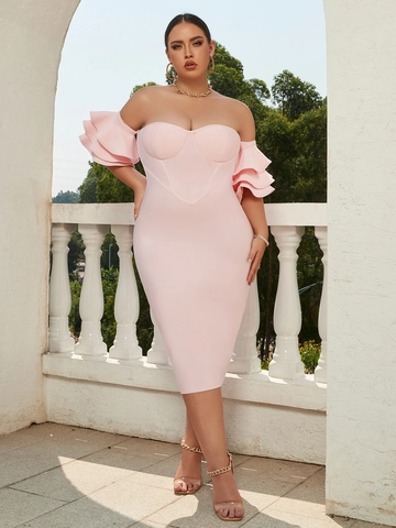 Robe Bandage Moulante Grande Taille pour Femmes Épaules Dénudées Volants Manches Bouffantes Rose Sexy Élégante Robe de Soirée