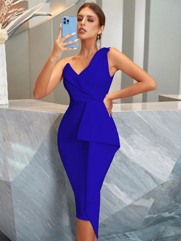 Elegante Dames Eén Schouder Patchwork Slanke Pasvorm Midi-jurk Mouwloos Hoge Taille Feest Avond Cocktail Kokerjurk