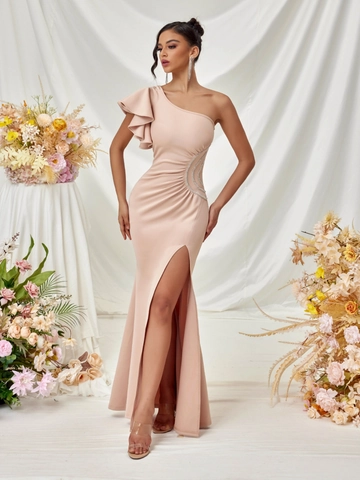 Elegant One Shoulder Ruffle Evening Dress For Women High Slit Sleeveless Polyester Rhinestone Trim Party Banquet Long Gown