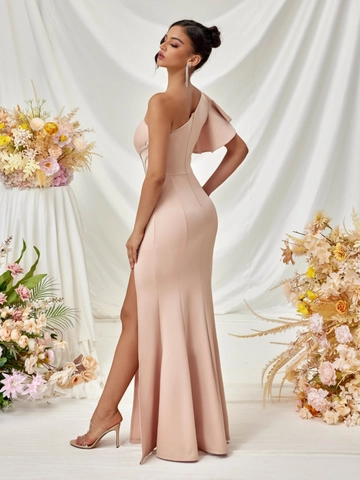 Elegant One Shoulder Ruffle Evening Dress For Women High Slit Sleeveless Polyester Rhinestone Trim Party Banquet Long Gown