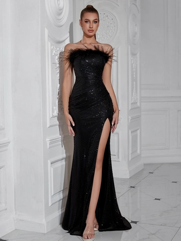 Elegante Abito da Sera Senza Spalline con Paillettes e Bordi in Piume Spacco Laterale Vestito Formale per Feste da Donna