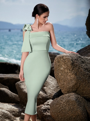 Abito da Sera Elegante Monospalla con Fiocco Donna Slim Fit Aderente Midi Gown Sexy Asimmetrico Senza Maniche Formale