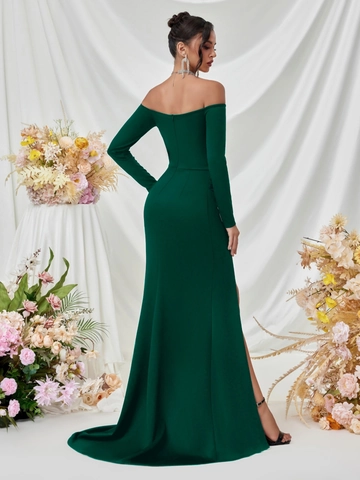 Damen Elegant Off-Shoulder Langarm Abendkleid Hoher Schlitz Bodenlang Sexy Rückenfrei Formal Party Bankett Kleid