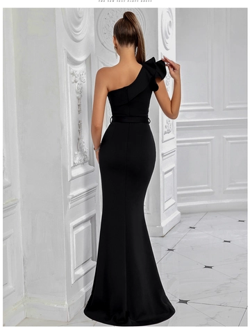Elegante Abito da Sera Monospalla con Volants da Donna Nero con Spacco Alto Maxi Abito da Festa Vestibilità Aderente Abito Formale con Cintura