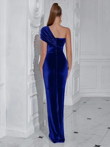 Elegantes Ein Schulter Abendkleid Gerafft Damen Sexy Bodycon Ärmellos Einfarbig Polyester Party Maxi Kleid Mit Hohem Schlitz