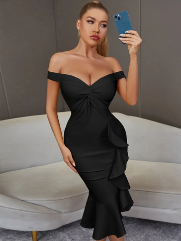 Women Off-The-Shoulder Bandage Dress Elegant Ruffle Fishtail Hem Bodycon Midi Dress For Evening Party Club Banquet
