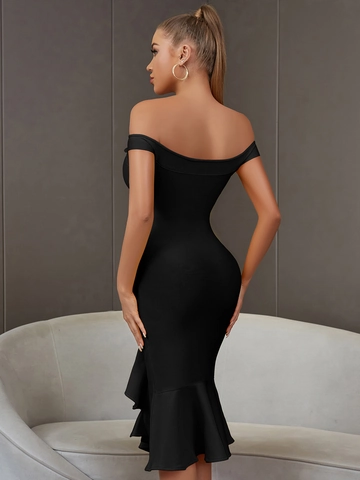 Women Off-The-Shoulder Bandage Dress Elegant Ruffle Fishtail Hem Bodycon Midi Dress For Evening Party Club Banquet