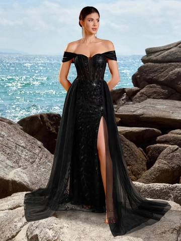 Elegante Abito da Sera Maxi a Spalle Scoperte Con Spacco Paillettes Schiena Scoperta Abito da Festa Lungo per Donna Banchetto Formale
