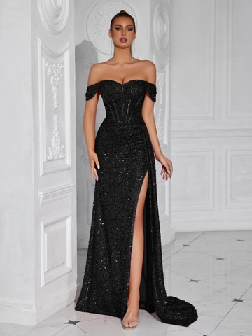 Women Off-The-Shoulder Sequin Evening Maxi Dress Sexy High Slit Corset Bodycon Prom Gown For Party Banquet Elegant Dress