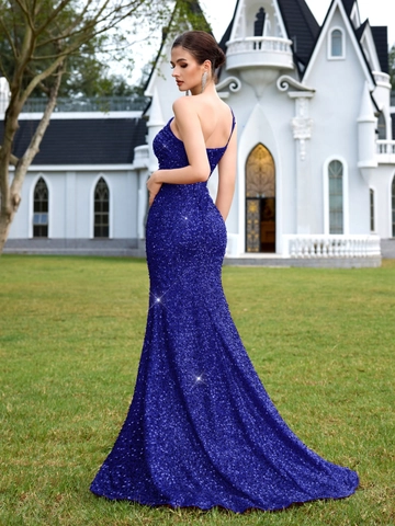 Vestido de Noche con Lentejuelas de un Hombro para Mujer Sexy Abertura Alta Bodycon Maxi Vestido de Fiesta Elegante sin Mangas