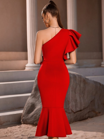 Dames Elegante Polyester Spandex Ruffle Eén Schouder Bodycon Midi Jurk Sexy Split Zeemeermin Zoom Feestjurk
