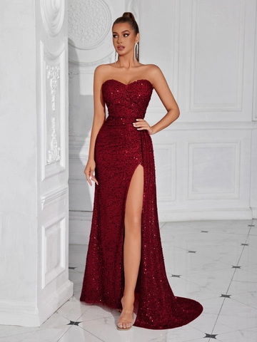 Damen Elegant Trägerlos Pailletten Abendkleid Hoher Schlitz Bodenlang Bankett Party Kleid Slim Fit Formelles Maxi Ballkleid
