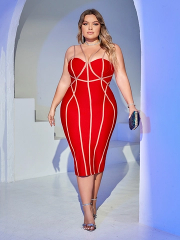 Vestito Bodycon a Benda Rosso Taglie Forti per Donna Elegante Linea Geometrica Senza Maniche Abito Midi per Festa Serale