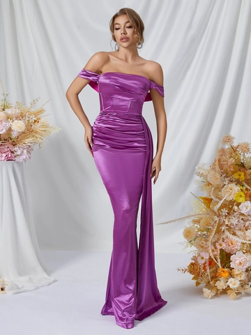 Elegantes Lila Satin Schulterfreies Abendkleid Slim Fit Meerjungfrau Party Maxi Kleid Für Damen Abschlussball Hochzeit Gast