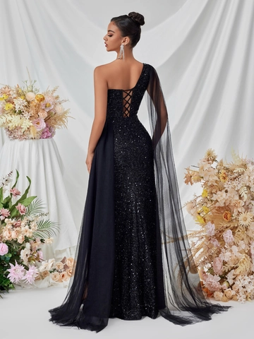 Ein Schulter Pailletten Abendkleid Netz Streamer Hoher Schlitz Bodycon Maxikleid Damen Bankett Party Elegant Bühne Kleid