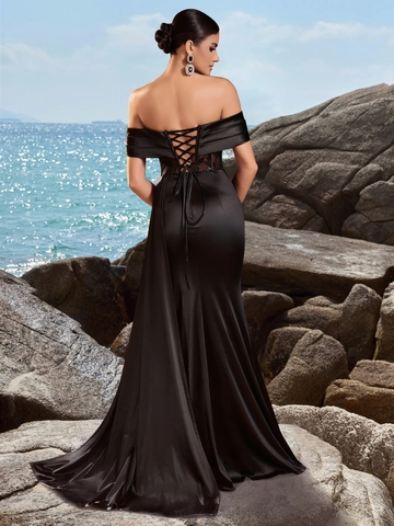 Elegantes Schulterfreies Satin Abendkleid Für Damen Mit Spitzen Korsett Taille Und Hohem Schlitz Für Party Bankett Schwarz