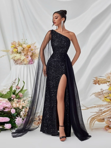 Ein Schulter Pailletten Abendkleid Netz Streamer Hoher Schlitz Bodycon Maxikleid Damen Bankett Party Elegant Bühne Kleid
