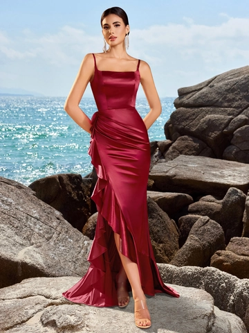 Robe de Soirée Caraco en Satin Rouge Vin Avec Fente Irrégulière et Volants pour Femme Élégante Robe de Banquet en Polyester