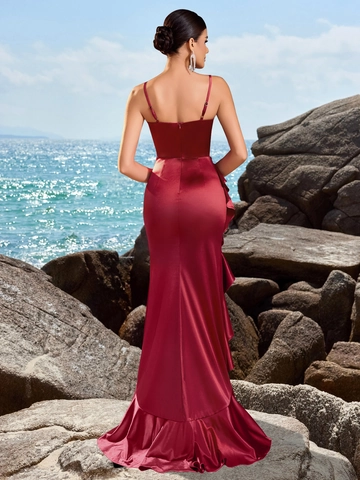 Robe de Soirée Caraco en Satin Rouge Vin Avec Fente Irrégulière et Volants pour Femme Élégante Robe de Banquet en Polyester