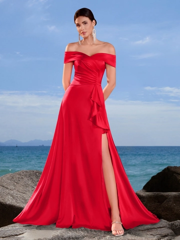Elegant Off-Shoulder High Slit Evening Dress For Women Polyester Ruched Ruffle Solid Color Slim Fit Party Maxi Dress