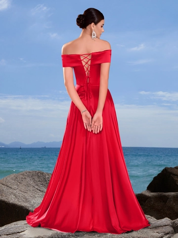 Elegant Off-Shoulder High Slit Evening Dress For Women Polyester Ruched Ruffle Solid Color Slim Fit Party Maxi Dress