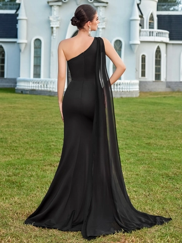 Vestito da Sera Monospalla Nero Elegante Donna Applicazione Floreale Bianca Abito Maxi Spacco Alto Mantella in Chiffon
