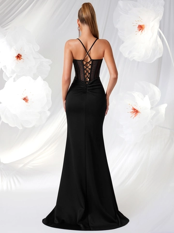 Sexy Schwarzes Abendkleid Strass Netz Spleißen Slim Fit Hoher Schlitz Langes Spaghettiträgerkleid Für Damen Bankett Party