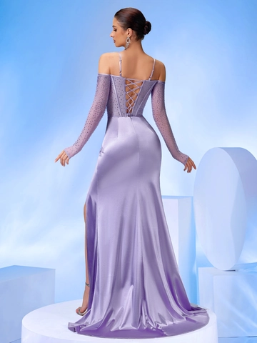 Lavendelviolett Satin Schulterfrei Abendkleid Hotfix Strass Netzärmel Hoher Schlitz Meerjungfrau Party Damen Gown
