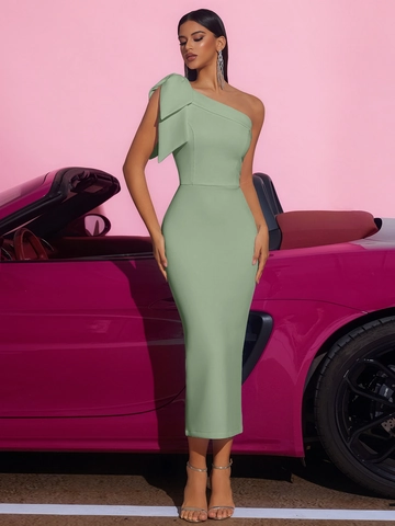 Eleganter One-Shoulder-Schleifen-Midi-Kleid Für Damen Slim Fit Gerafftes Bodycon-Party-Abend-Bankett-Kleid Polyester Elasthan