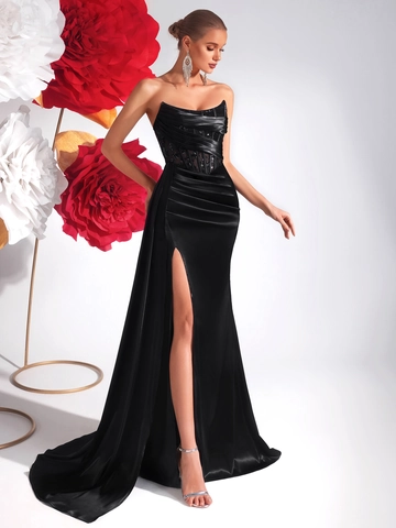 Damen Schulterfrei Satin Abendkleid Schlitz Saum Pailletten Meerjungfrau Kleid Körperbetontes Party Maxi Kleid Elegant