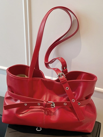Fashion PU Leather Shoulder Bag Large Capacity Pleated Tote Bag With Belt Buckle For Women Commute Office Daily Handbag