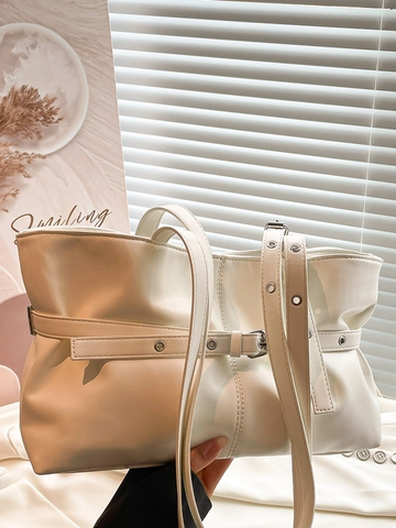 Fashion PU Leather Shoulder Bag Large Capacity Pleated Tote Bag With Belt Buckle For Women Commute Office Daily Handbag