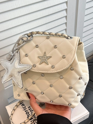 Fashion Women Quilted PU Leather Mini Backpack Star Rhinestone Embellished Small Shoulder Bag Everyday Casual Purse