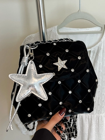 Fashion Women Quilted PU Leather Mini Backpack Star Rhinestone Embellished Small Shoulder Bag Everyday Casual Purse