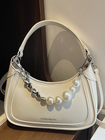 Bolso Hobo de Moda para Mujer de Cuero PU Bolso de Hombro para Axila Con Cadena de Corazón de Perlas Artificiales Color Sólido