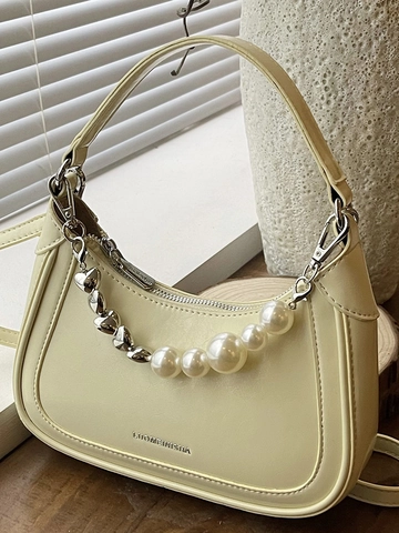 Bolso Hobo de Moda para Mujer de Cuero PU Bolso de Hombro para Axila Con Cadena de Corazón de Perlas Artificiales Color Sólido