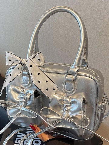 Women's PU Leather Multi-functional Shoulder Bag Handbag Backpack With Bow Knot Polka Dot Scarf Vintage Simple Square Bag