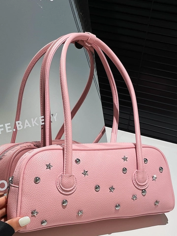 Women Retro PU Leather Shoulder Bag Metal Star Rivet Underarm Bag Punk Style Y2K Commuter Zipper Closure Fashion Tote Bag